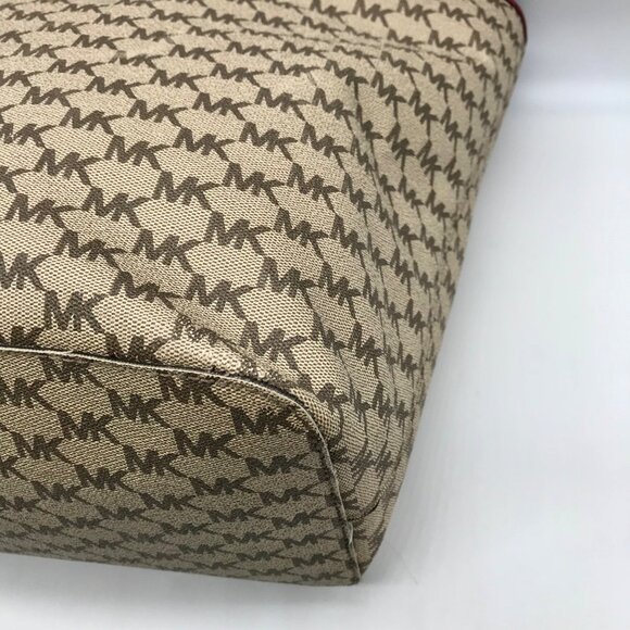 Michael Kors Beige Canvas And Red Leather Trim Monogram Tote Bag - Picture 6 of 10